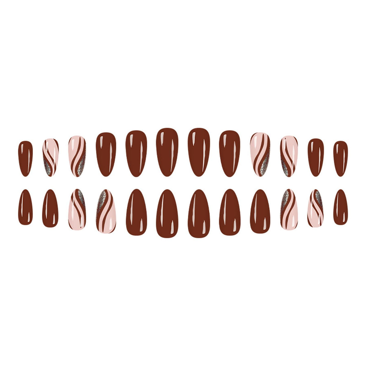 24 PCS Brown Irregular Line Glitter Press on Nails with Curve Line Design Glossy Brown Glitter False Nails Medium Almond Fake Nails Sparkly Gold River Acrylic Stick on Nails for Women Girls Manicure