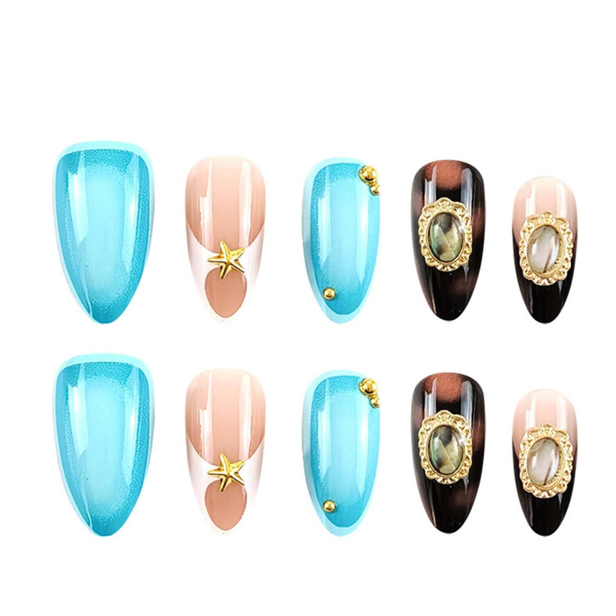 Medium Almond Press On Nails French Tip Fake Nails Star With Metal Charms Design Blue False Nails Full Cover Artificial Glue On Nail Acrylic Reusable Stick On Nail For Women Manicure Art 24pcs