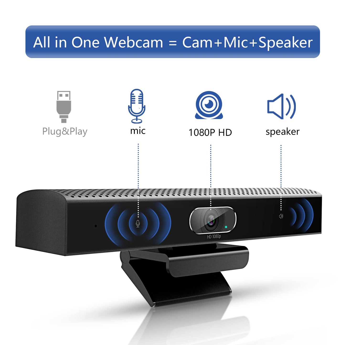 Conference Room Camera, 3-in-1, 1080p Full HD Webcam with Microphone and Speaker, USB Plug and Play, Wide Angle Video Conference Camera for Desktop, Laptop, Mac, PC (Black)