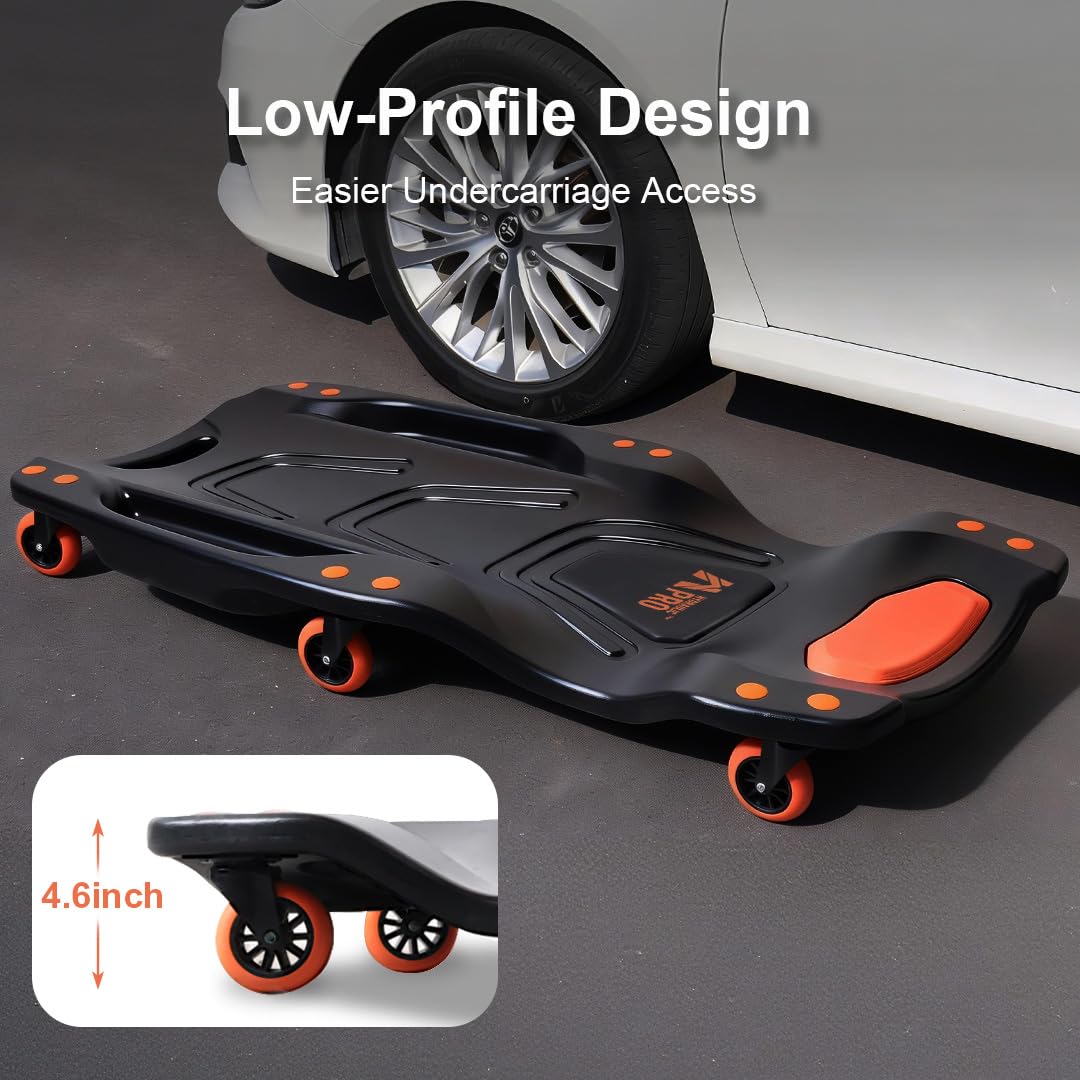 HYDRAULIC PRO 42" Mechanic Creeper with 6 Swivel Casters, Ergonomic Car Creeper with 2 Soft Pads, 350LBS Capacity Low-Profile Design & 2 Tool Trays for Automotive and Garage Repair