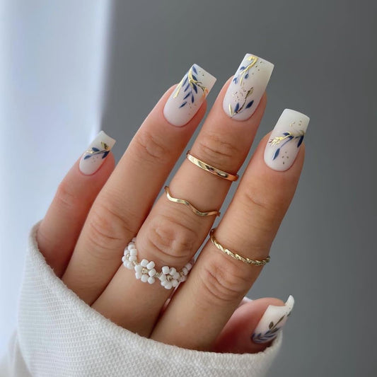 Gold Blue Leaves Press on Nails Medium Square Fake Nails Spring Summer White Matte False Nails Gold Foil Design Acrylic Glossy Artificial Fingernails Spring Stick on Nails for Women 24Pc