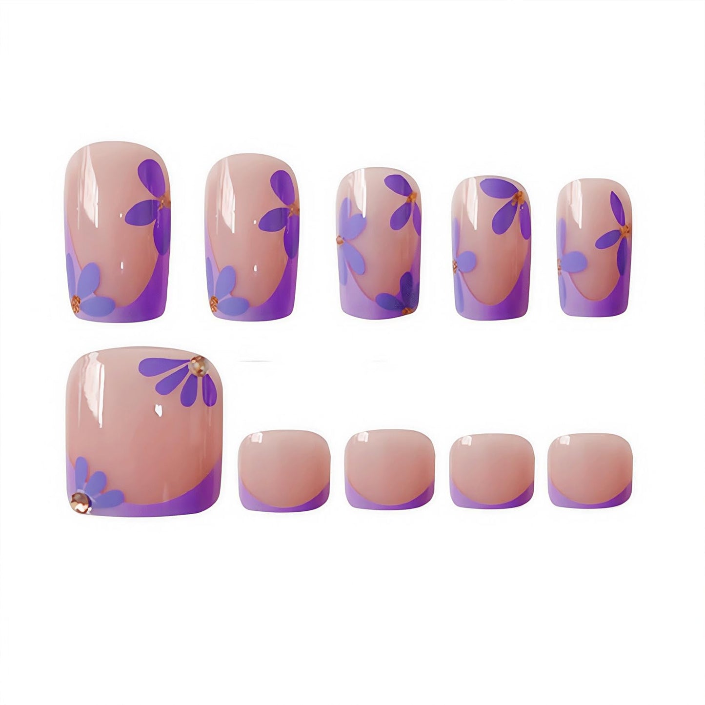 48 Pcs Purple French Tip Press On Nails Square & Press On Toenails Set Purple Flower Fake Nails Spring Floral Toe Nails Press Ons Glossy Full Cover Stick On Toe Nails For Women Gilrs Manicure