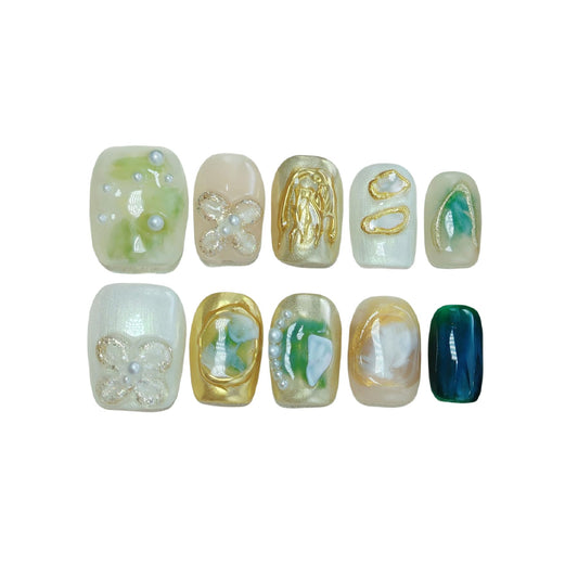 Short Coffin Press on Nails Handmade False Nails with Designs, 3D Hand-painted Reusable Fake Nails Stick on Nail (Golden Green+Pearls, M)