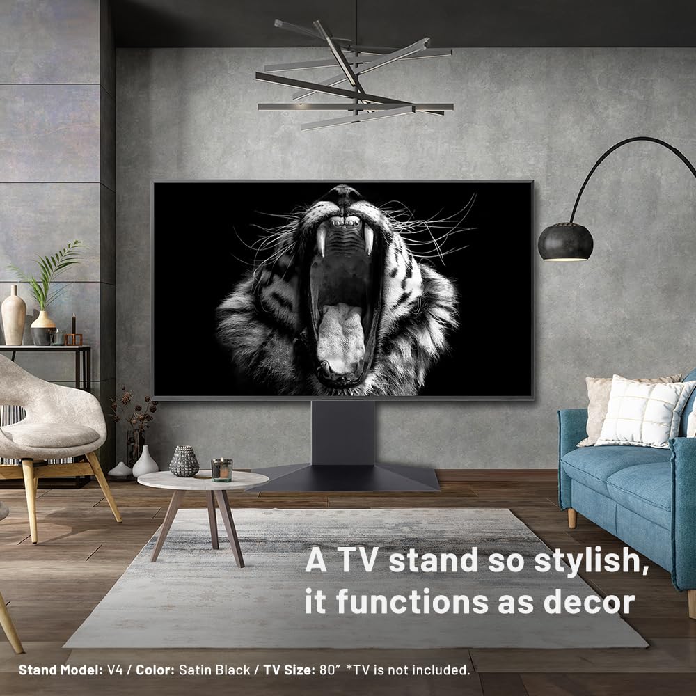 WALL V4 | Sleek Shallow Floor TV Stand for Extra Large 50-100 Inch | Satin White | for Large Screens | Living Room and Bedroom, Space Saving, Adjustable Mount, No Drill, Japan-Engineered Design