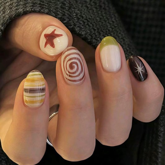 CTTHNBD Short Press on Nails Almond - Star Fake Nails with Whirlpool Stripes Design - Green French Tip False Nails for Women 24 Pcs