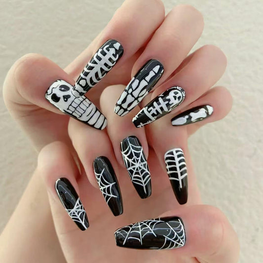 Halloween Handmade Press on Nails skull pattern&spider web Fake Nails Design Muti-Layer Gel Acrylic Nail Glitter Stick on Nails Full Cover Almond Black False Nail (MT-163-M)
