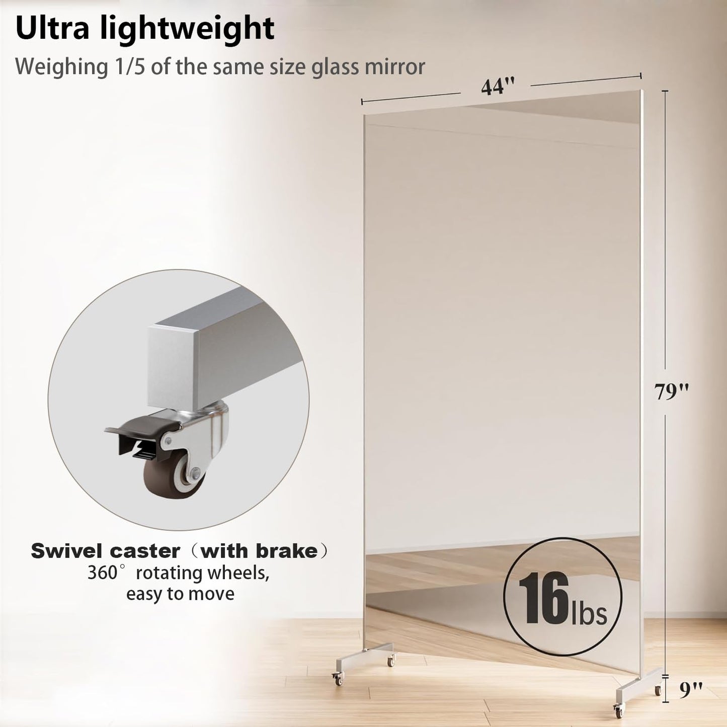 HDmuxel Full Length Mirror with Wheels, 79" x 44", White, Nano Film Surface Without Glass, shatterproof, Safe, Lightweight, only 16lbs Easy to Move and Install, for Home Gym, Dance & Yoga Studios.