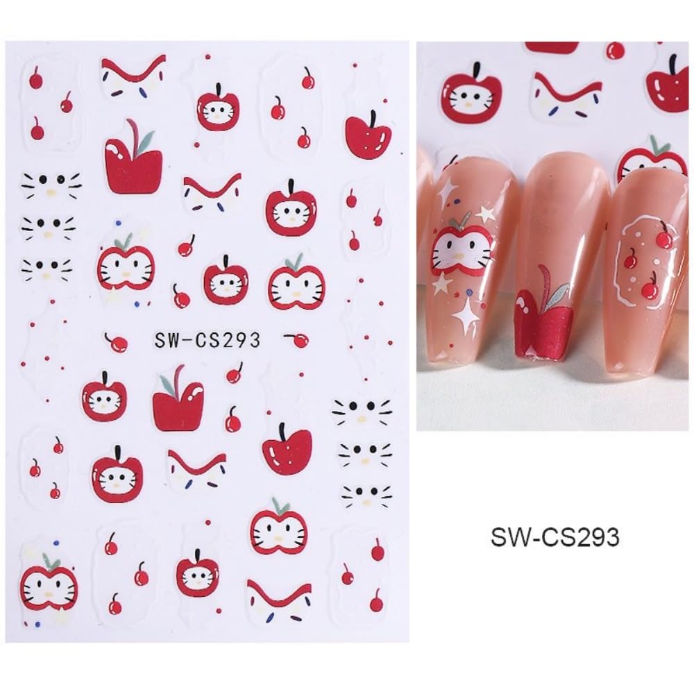 4 Sheets Cartoon Nail Stickers for Nail Art 3D Self-Adhesive Cute Pink Fox Nail Designs Colorful Flower Leaf Nail Decals Floral 5D Embossed Animal Cat Nails Supplies for Women Holiday DIY Manicure