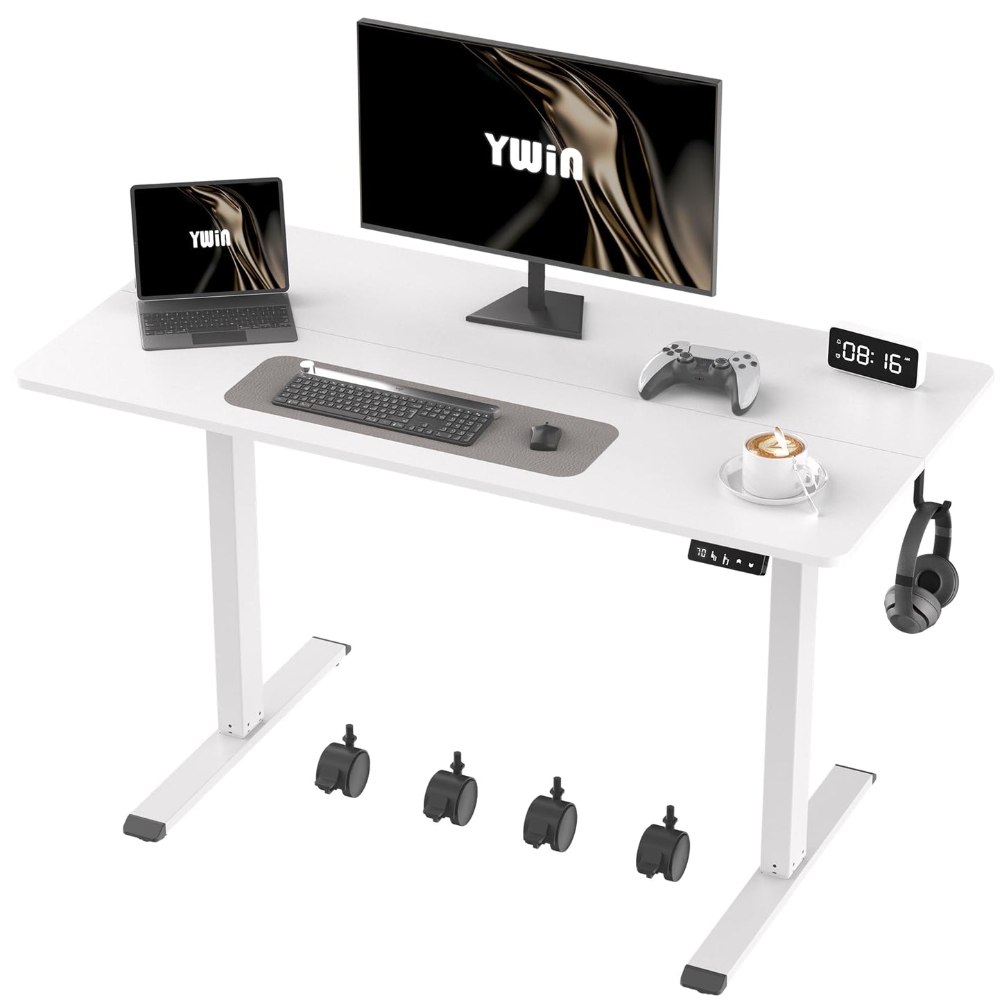 Ywin Electric Height Adjustable Standing Desk with Wheels, 63 x 24 inches Ergonomic Stand Up Desk for Home Office