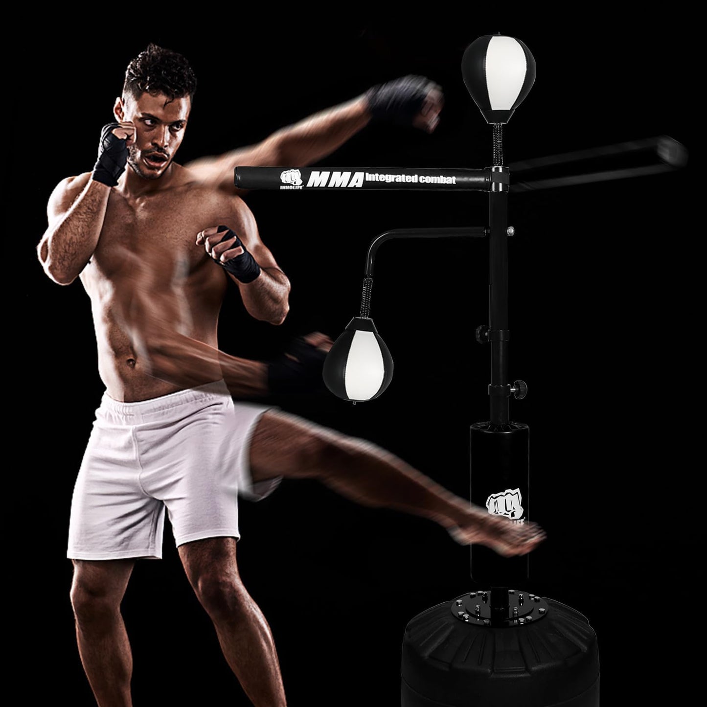 82IN Boxing Speed Trainer - Featuring Punching Bag Spinning Bar, Training Boxing Ball with Reflex Bar, Adjustable, and Suitable for Adults (Black White)