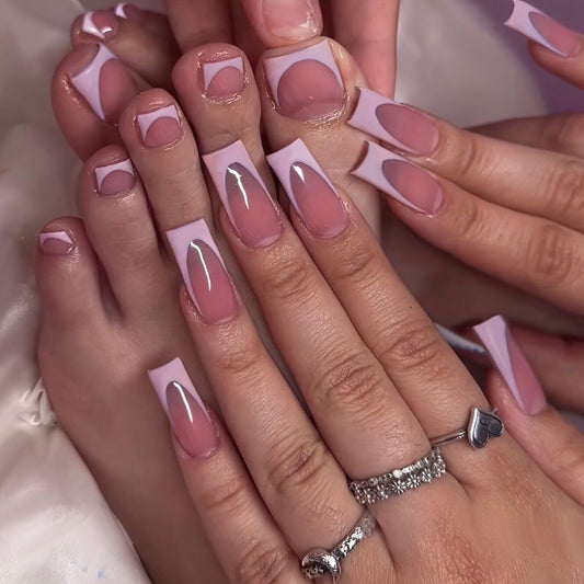CTTHNBD Pink French Tip Press on Nails & Press on Toenails Set, Medium Square Fake Nails, Glossy Stick on Toenails for Women 48 Pcs