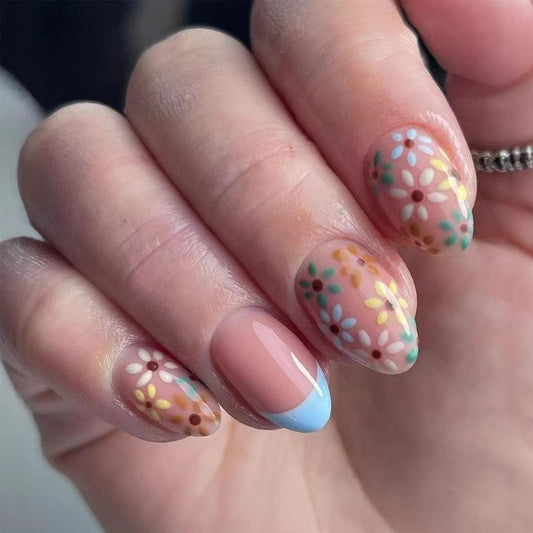 Press on Nails Short Almond, Blue French Tip Design, Colorful Flower Style, Full Cover Glossy Fake Nails for Women, 24 Pcs