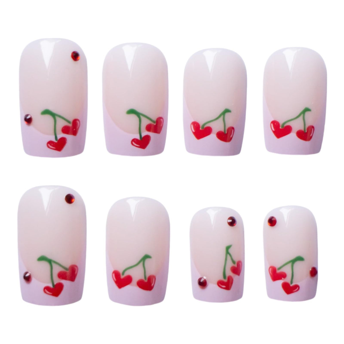24pcs French Cherry Press-On Nails Short Square False Nails Red Cherry Heart Ruby Design Acrylic Glossy Red Rhinestone Nails for Valentine's Women's Nail Decoration