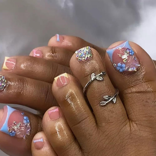 CTTHNBD Press on Toenails Short - Summer Fake Toenails with Butterfly Flower Charms Design - French Tip Press on Toenails for Women 24 Pcs
