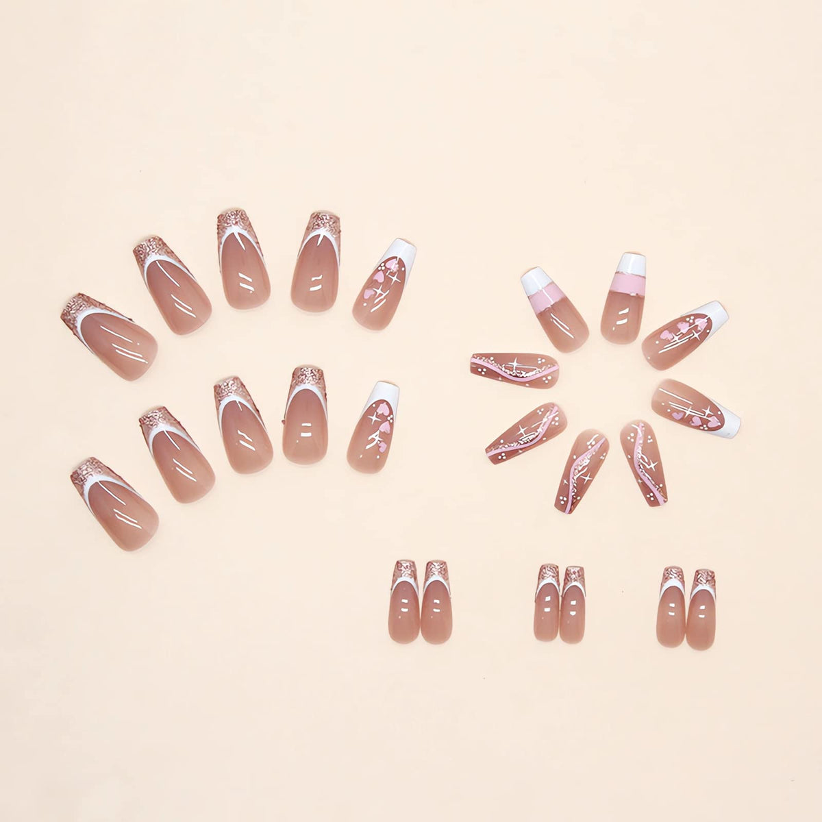 IMSOHOT Press on Nails Long Coffin Fake Nails French Acrylic Glue on Nails Glossy Full Cover Glitter Pink Heart False Nails for Women Girls 24Pcs