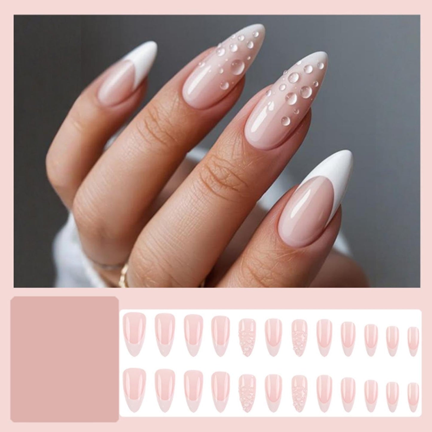 DANMANR Short Press on Nails Almond Waterdrop Fake Nails Full Cover Nude Acrylic French False Nails for Women and Girls 24PCS