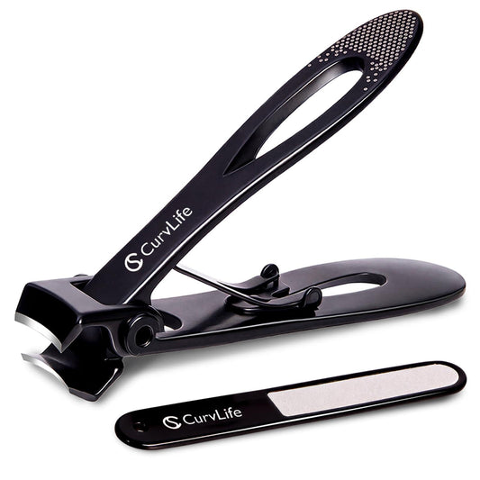 CurvLife Nail Clipper & Nail File Set, Heavy Duty Wide Jaw Toenail Clipper for Thick Nails, Anti-Splash Catcher, Non-Slip Grip, Curved Blade Trimmer with Safety Lock