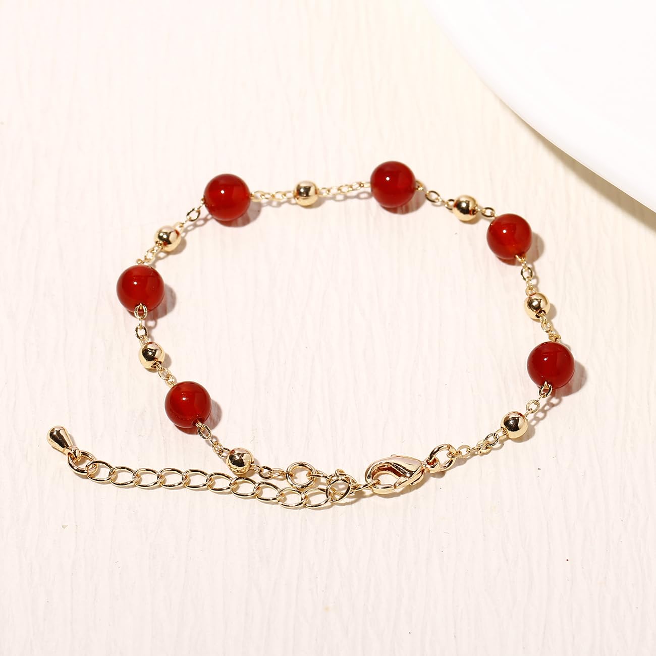 Xfoxstal 14K Gold Plated Chain Bracelets for Women Crystals and Stones Beaded Bracelets Jewelry Adjustable (Red Agate)