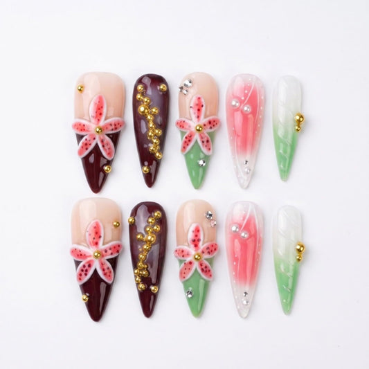 Vokupoga Long Stiletto Handmade Press on Nails French Tip Fake Nails Nude False Nails with 3D Flower Charms Designs Glossy Artificial Nails for Women 10Pcs(Size M)