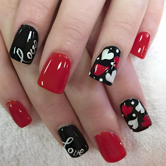 FIEONCIY Press-on Nails Short Square Glossy Full Cover Acrylic False Nails with Heart Designs Artificial Square Fake Nails Glue-ons Fingernails for Women Girls (24pcs/12sizes)