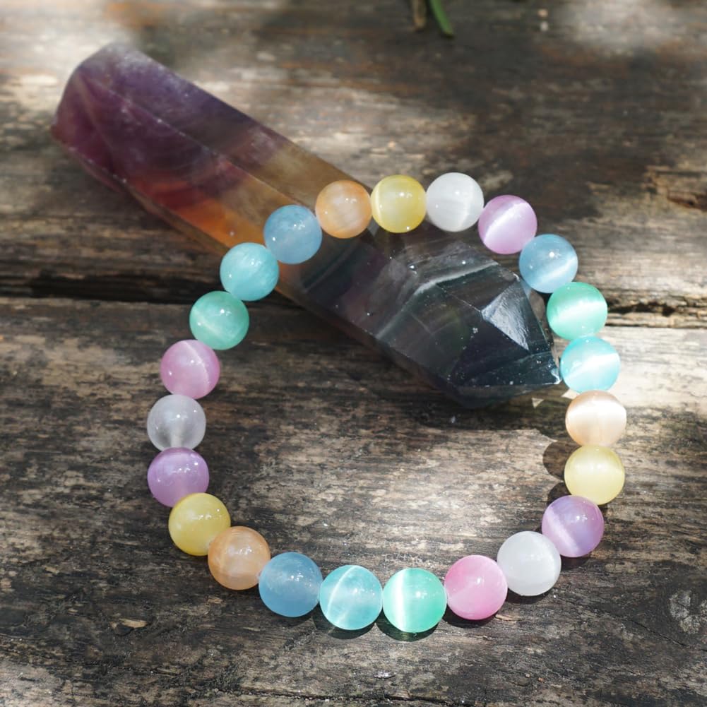 TaHLga 8mm Rainbow Selenite Bracelet - Iridescent Natural Crystal | Handmade Meditation Bracelet with Cat-Eye Effect | Come with Beading Tool Kit - Adjustable to 6.5-7.5 inches Wrist Size