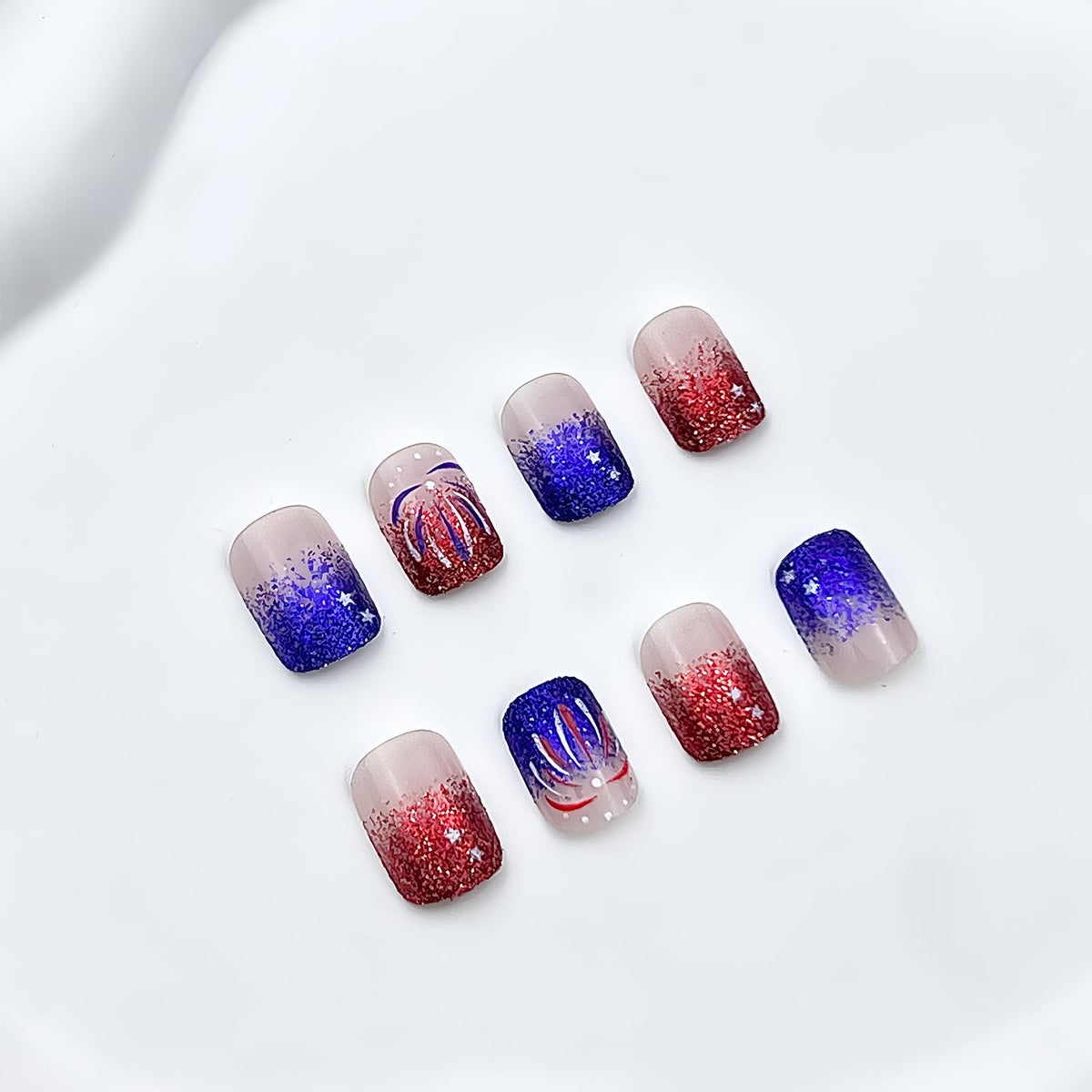 4th of July Glitter Fireworks Press on Nails Short Square Fake Nails Independence Day French Tips Design False Nails Full Cover Glossy Patriotic Stars for Women Decoration 24Pcs