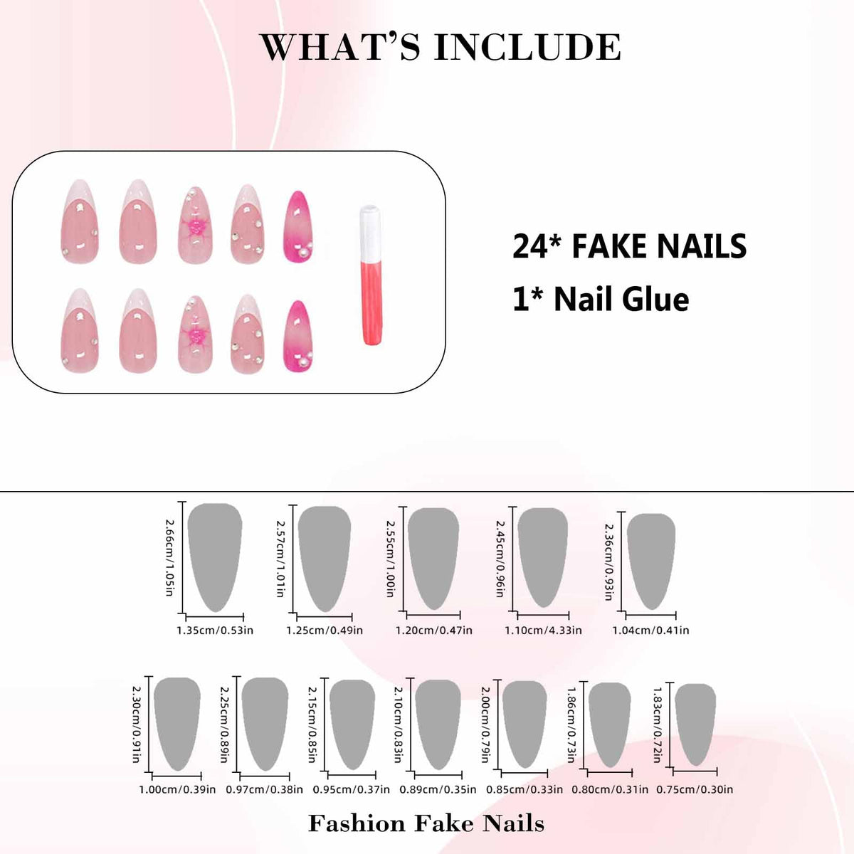 IMRAIN Press on Nails Medium Almond Fake Nails White French Tip False Nails with Hawaii Flower Designs Glossy Acrylic Reusable Summer Pink Stick on Nails for Women Nail Art