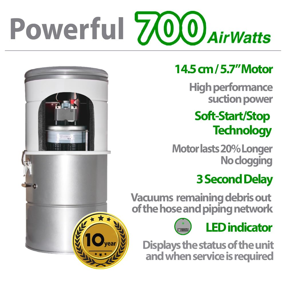 OVO Large and Powerful Central Vacuum System, 700 Airwatts Hybrid Filtration (with or Without Disposable Bags), Covers up to 7500 sq.ft, 6.6 Gal / 25L Bottom Load Rolled Steel Canister