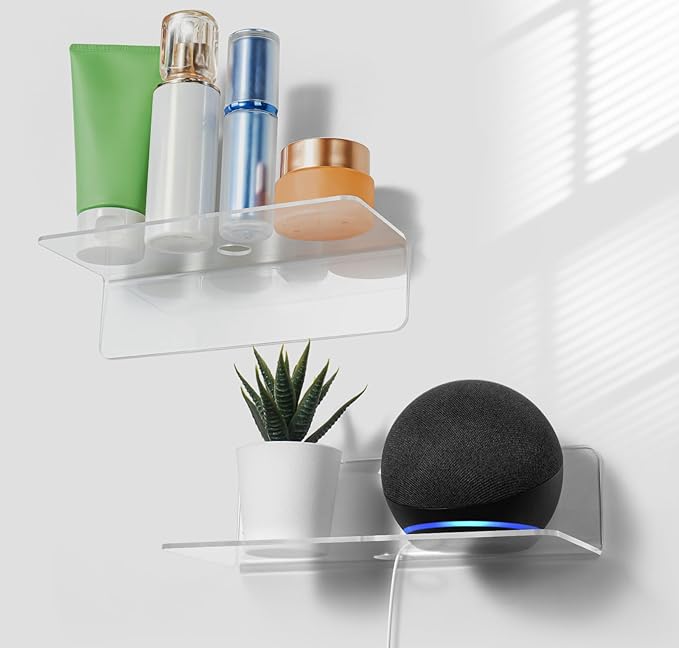 OAPRIRE Clear Acrylic Floating Shelves Set of 2 - Easily Expand Wall Space - Small Wall Shelf with Strong Adhesive for Bathroom, Bedroom, etc