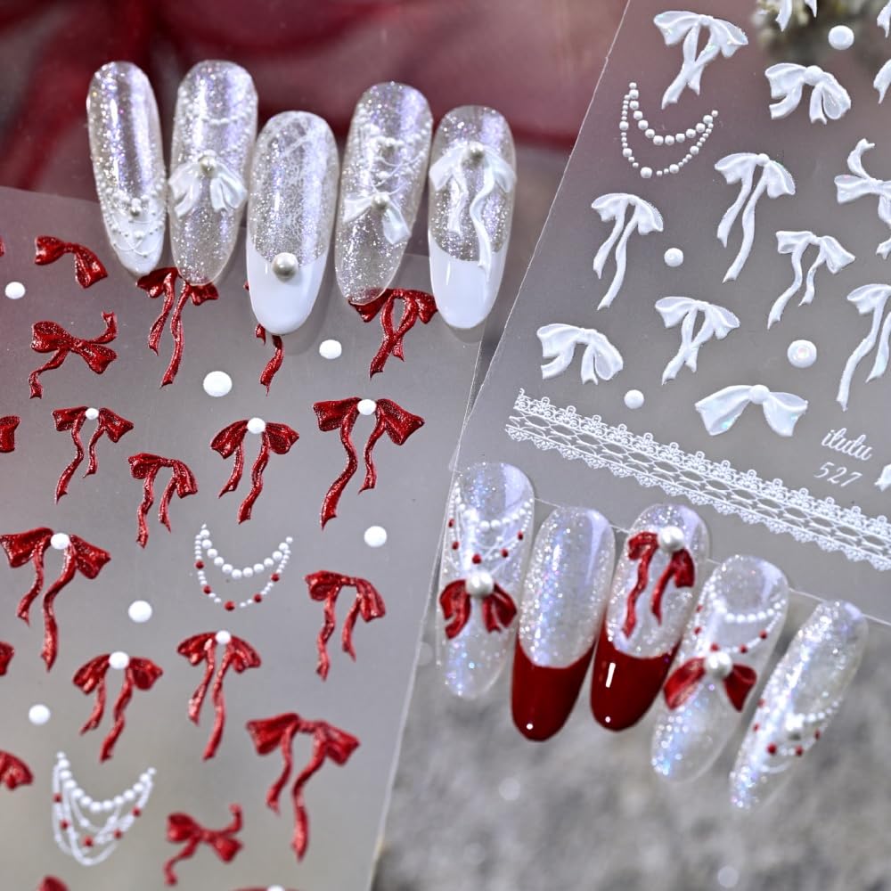 Bow Nail Stickers 5D Embossed Red Bowknot Nail Art Stickers 3D Self-Adhesive Laser Ribbon Nails Supplies White Bead Necklace Nail Decals Stickers Cute Nail Designs for Women DIY Manicure 1 Sheet