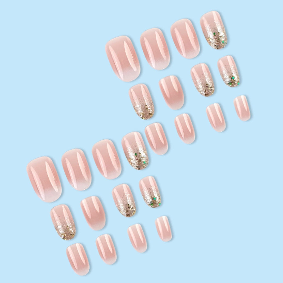 Hkanlre Almond Short Press on Nails Tips Full Cover Gradient Flower False Nails Sequins Pink Fake Nails for Women 24PCS