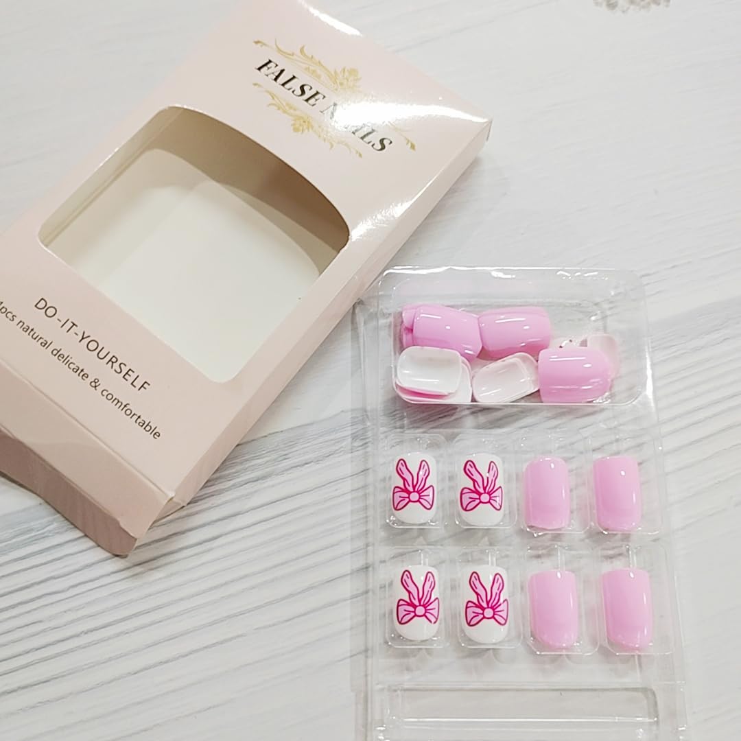 Purple Square Press on Nails Short Cute Fake Nails Valentine’s Day Press on Nail with Bow-Polka Dot Designs Pink Acrylic Full Cover Valentines Nails Glue on with Designs False Nail for Women 24PCS
