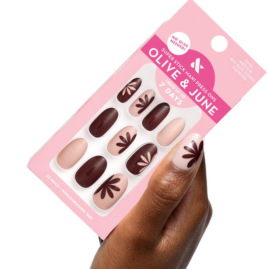 Olive & June Classic Super Stick Mani Press On Nails | No Glue Needed | 32 Tab Nails 16 Sizes | Non-Toxic Tabs Easy On-Off Non-Damaging Realist Look | 7-Day Wear | Medium, Oval |Big Duo Toned Flowers