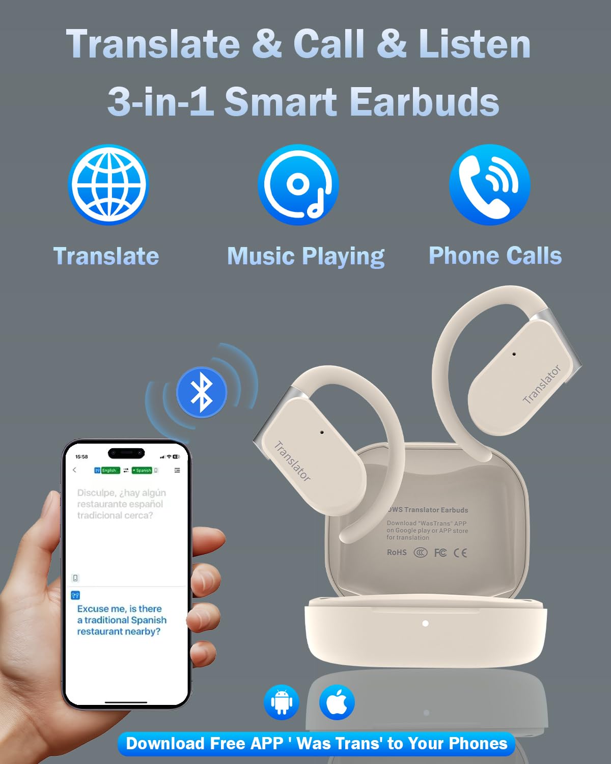 Wooask M9 Translation Earbuds, Translator Earbuds Two-Way for 144 Languages and 11 Offline Translation Packs, 3-in-1 Real-Time Translator for Travel Business Learning (Beige, Offline Version)