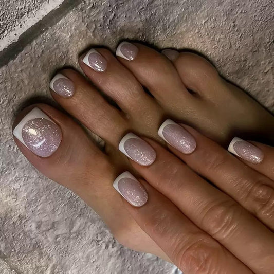 CTTHNBD 48Pcs Press on Nails Square & Press on Toenails Set, White French Tip Fake Nails with Glitter Design - for Women Manicure