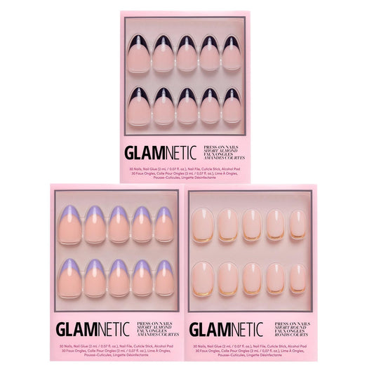 Glamnetic Press-On Nails Bundle - French Lilac, Goal Digger & Caviar | Almond Purple Tips with a Glossy Finish | Natural Round False Nails with Gold Foil | Short Almond Black