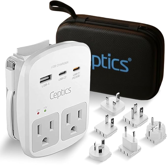 Ceptics 35W Universal Travel Adapter Kit â 2 USA sockets, USB-A, USBC, 1x PD 35W USB-C and USBC Cable, Surge Protected, Plugs for EU, UK, China, AU, Japan - for Laptop, Phone, Camera-ETL Tested
