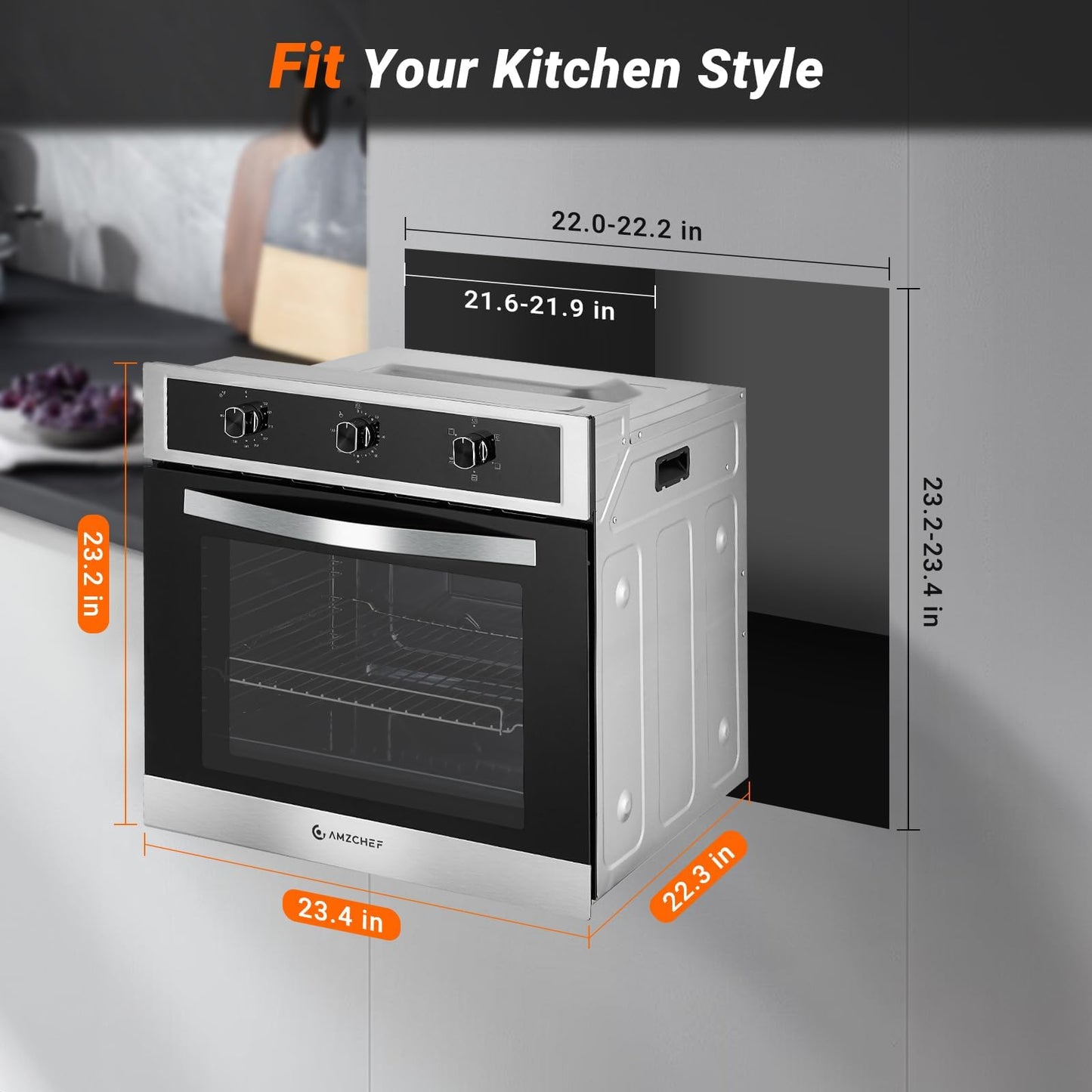 AMZCHEF 24" Single Wall Oven, 2.65 Cu.ft. Built-in Electric Wall Oven with 5 Cooking Functions, 360° ROTATING ROTISSERIE, 2200W, Mechanical Knobs Control, Timer, Stainless Steel Wall Oven for Kitchen