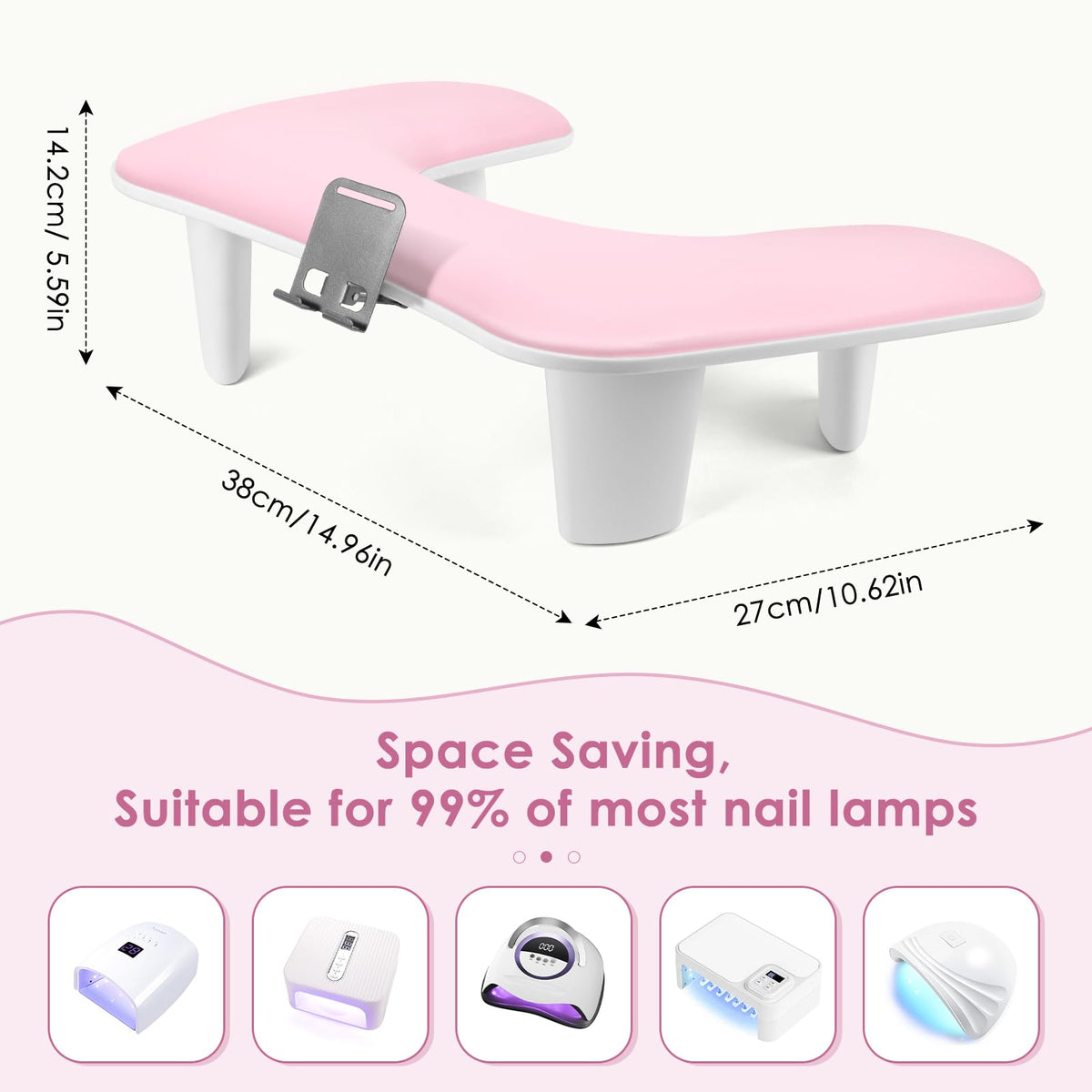 LIONVISON Arm Rest for Nails Tech: U Shaped Ergonomic Nail Hand Rest Stand PU Leather with Rotating Phone Holder for Nail Salon Manicurist (Pink)