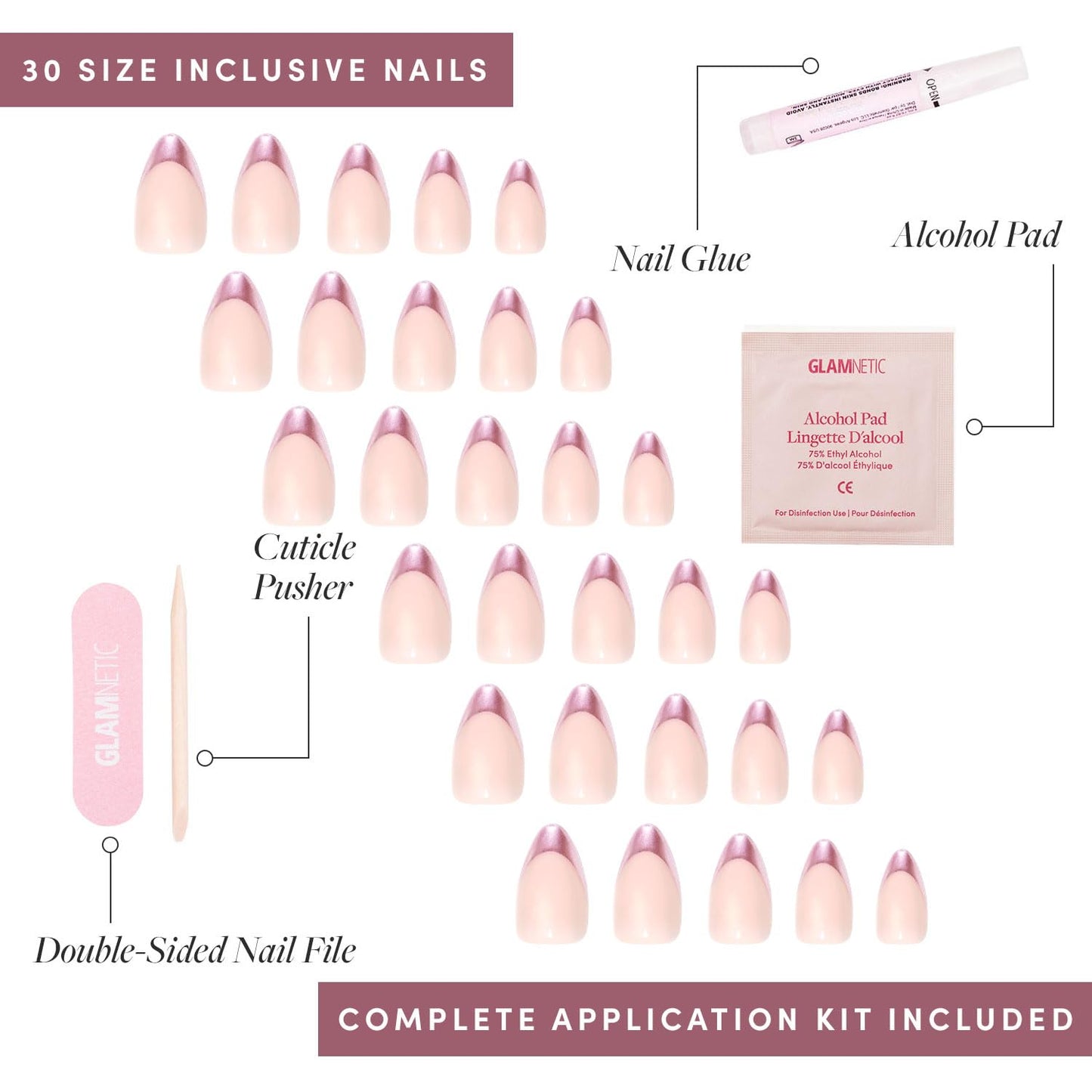 Glamnetic Press-On Nails Bundle - Seleinite, Rock Candy & Los Angeles | Soft White Sparkle Fake Nails | Pink Metallic Chrome French Tips | Blush Nude Pink Short Almond Nails