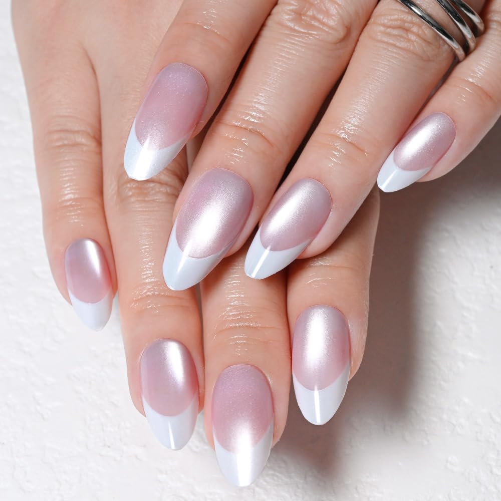 evpct Pale Nude Cat Eye French Tip Press on Nails Almond Medium No Glue, White French Tip Medium Almond Holographic Stick on Nails for Women Gift, Reusable Full Cover Soft Press on Nail Perfectly Fit