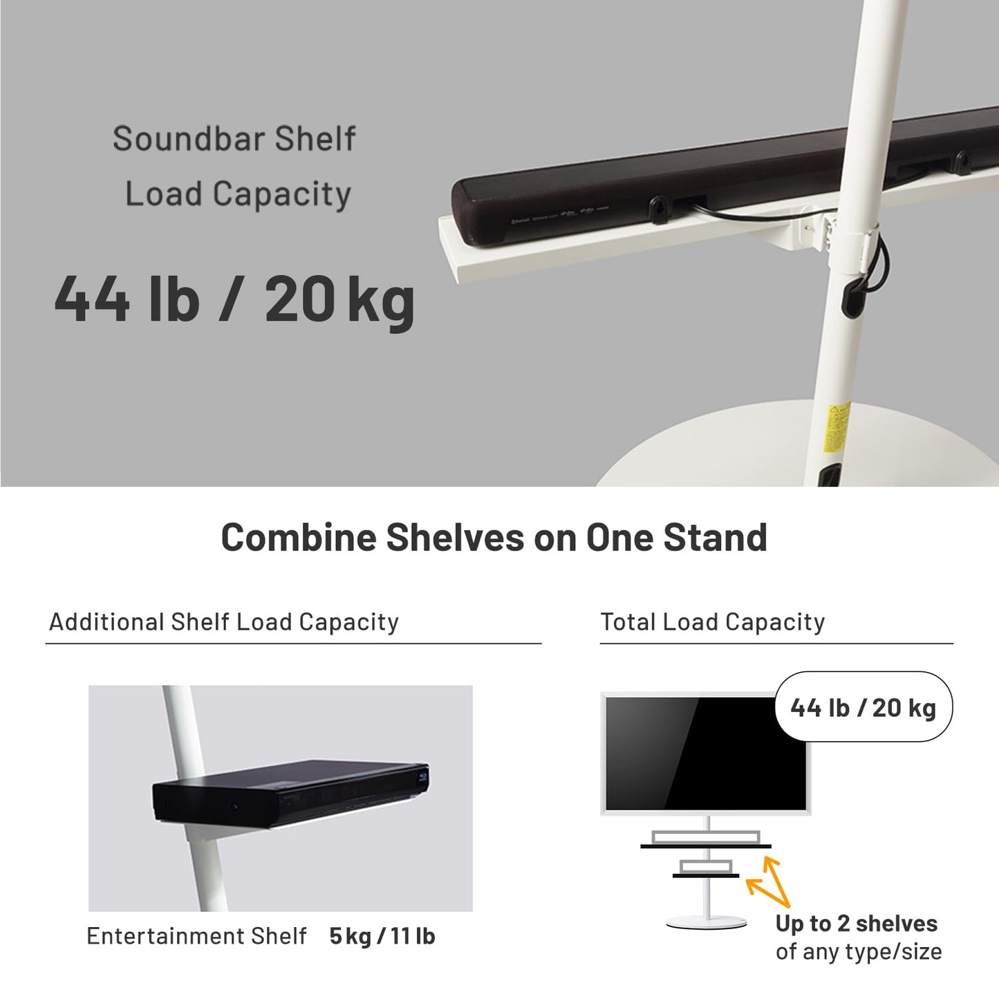WALL Seven Stand A2 Large | Rolling TV Stand for 45–80" w/ 37.4" Soundbar Shelf | Satin White | Portable TV Stand with Shelf | Height Adjustable, Space Saving, for Living Room and Bedroom