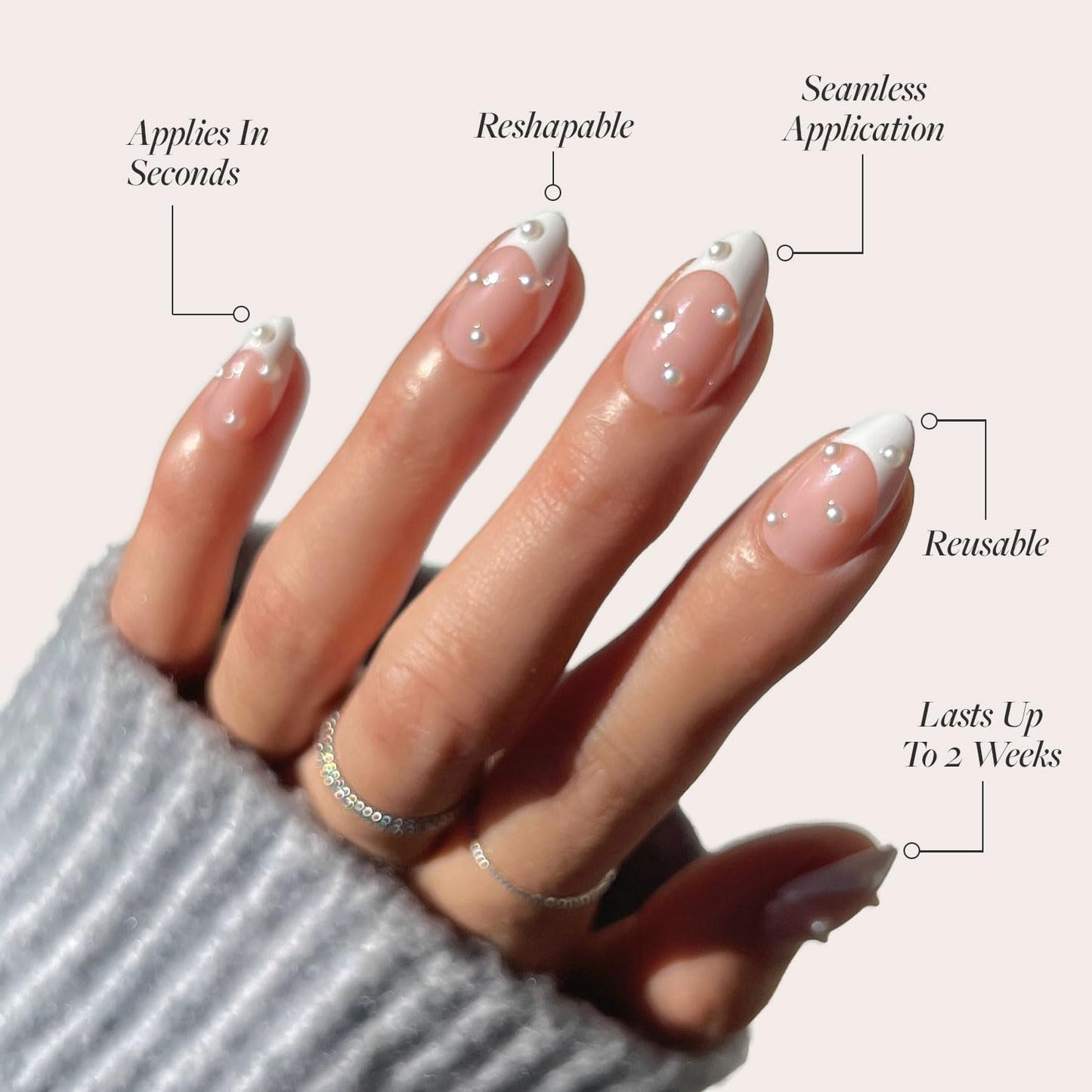 Glamnetic Press-On Nails & Adhesive Nail Tabs - French Pearl | Short Almond French Tip Fake Nails with Pearl Accents | 15 Sizes - 30 Nail Kit with Adhesive Tabs