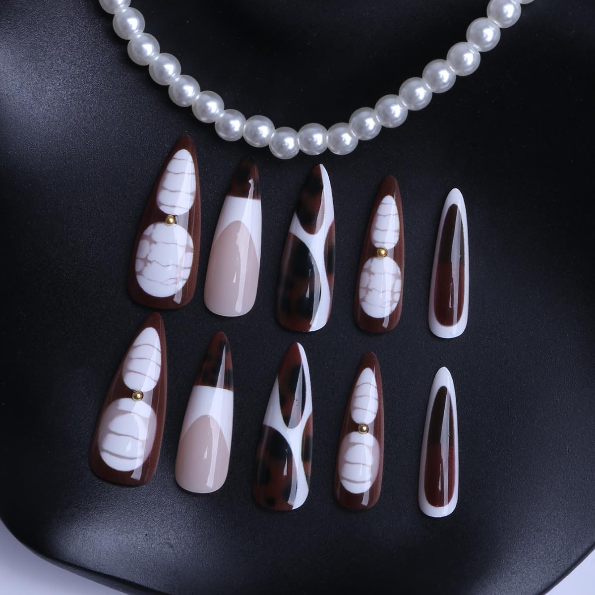 plalely Stiletto Press on Nails Long Brown Fake NailRugby Football Style Acrylic Nail Press ons Stick on Nails for Women 24pcs
