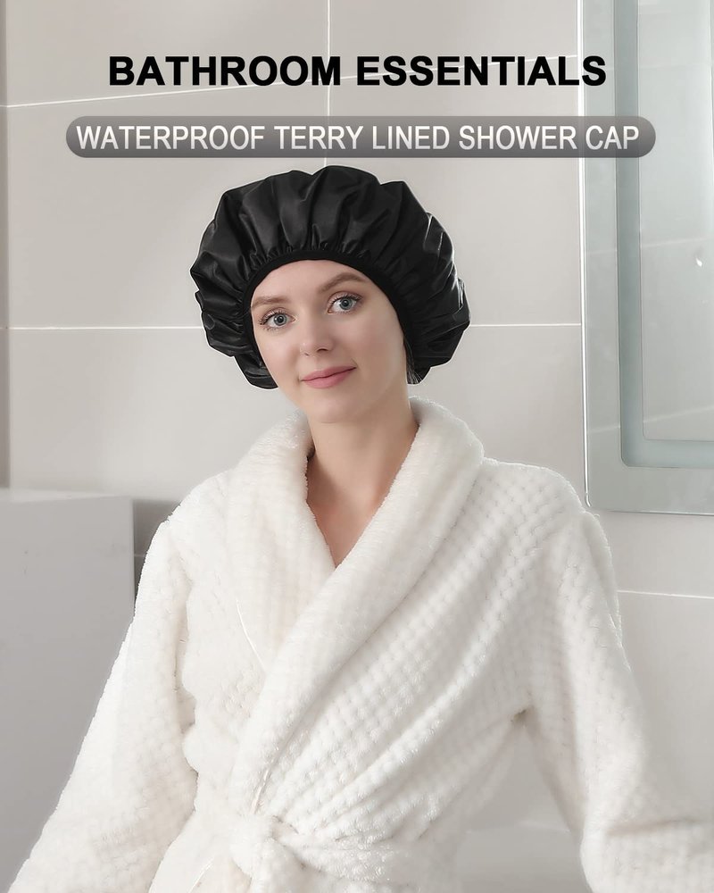 YIZIJIZI Terry Lined Shower Cap, Triple Layer Large Cap for Women, Reusable Waterproof for Long Thick Hair, Black