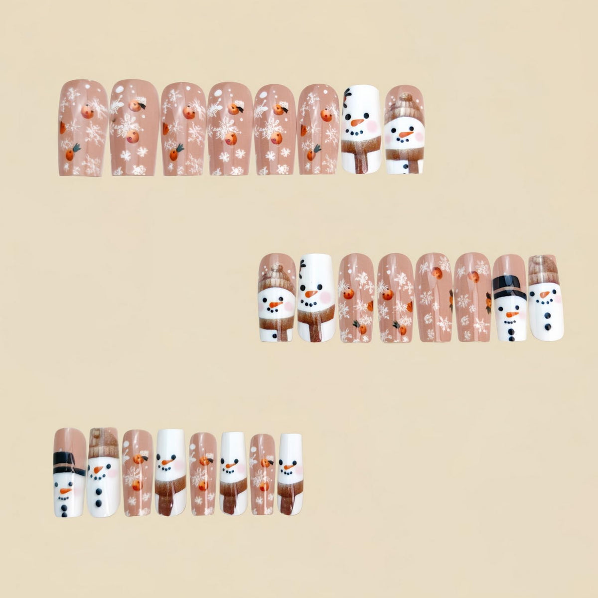 Christmas Press on Nail Medium Length Square Fake Nails Snowman Snowflake with designs Acrylic Stick on Nail Cute False Nails Winter Xmas Press ones Gel Glue on Nails for Women Holiday24pcs