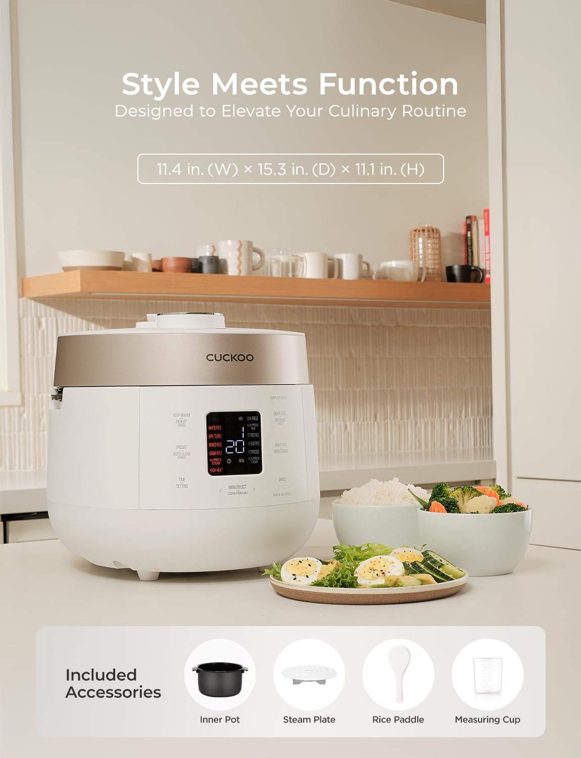 CUCKOO Twin Pressure Rice Cooker 10-Cup Uncooked / 20-Cup Cooked with Nonstick Inner Pot, Large Rice Maker & Warmer with 16 Menu Options, Open Cooking Mode, Voice Guide, White (CRP-ST1009FW)