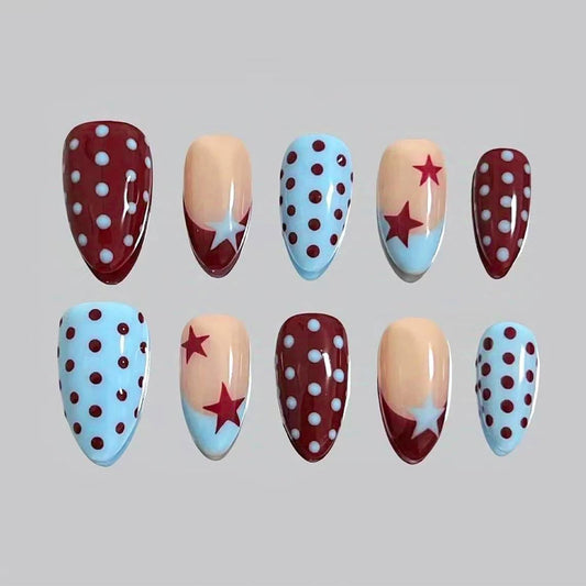 30Pcs 4th of July Press on Nails Almond Shape Patriotic Star Polka Dot False Nails Red Blue French Tip Fake Nails Reusable Acrylic Nail Tips Stick on Nails for Women Party Holiday Manicure Decorations
