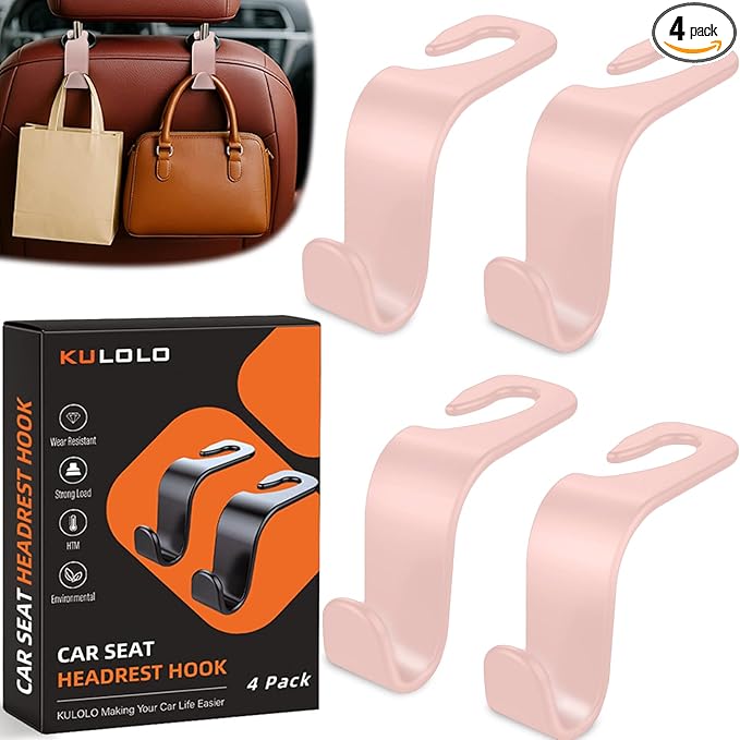 Car Seat Hooks & Purse Holder - 4 Pack Boxed,55 lb Heavy Duty,Eco PP Car Hooks for Purse/Bag/Baby Gear/Gym Bag/Groceries/Cup/,Fits 0.32-0.55Ã¢ÂÂCar Headrest Rods (Pink)