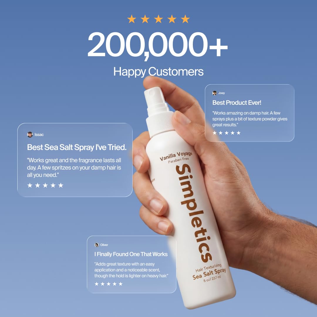 Simpletics Himalayan Sea Salt Hair Spray (Vanilla Scent) – Natural 5-Ingredient Formula for Beach Waves & Volume – Light Hold, Non-Greasy, Paraben & Sulfate Free – Unisex 8 fl oz